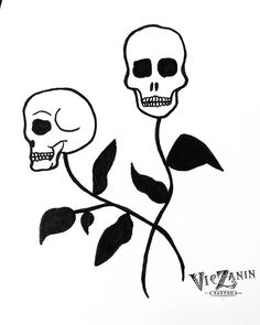 a black and white drawing of two skulls with leaves