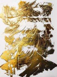 an abstract painting with gold and white colors