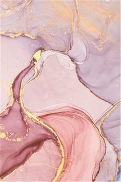 an abstract painting with gold and pink colors on it's surface, including the color purple