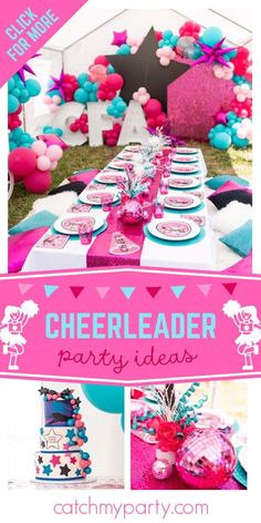 a pink and blue party with balloons