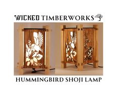 two wooden lamps with flowers on them and the words,'hummingbird shoi lamp '