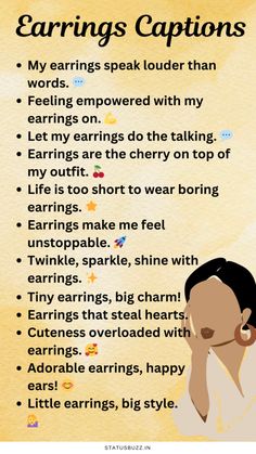 90+ Best Earring Captions For Instagram (2023) | StatusBuzz Ear Piercing Captions Instagram, Earring Quotes Beautiful, Jhumka Captions, Captions For Instagram 2023, Dope Captions, Creative Instagram Names, Captions For Guys, Dope Captions For Instagram