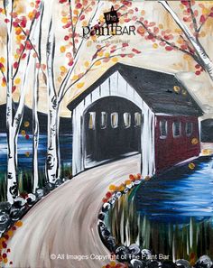 an acrylic painting of a covered bridge in autumn with trees and leaves around it