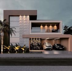 a car parked in front of a modern house with palm trees on the side walk