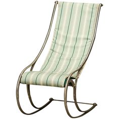 a green and white striped rocking chair with metal frame, on an isolated white background