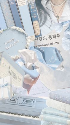 a collage of blue and white items with words written in korean on the side