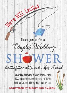 a flyer for a wedding shower with fish on the water and fishing rod in it