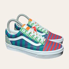 Step Up Your Shoe Game With These Colorful Vans Old Skool Low Top Stripe Block Skate Shoes In Women's Size 7. Featuring A Striped Pattern And Logo Accents, These Sneakers Are Perfect For Activewear, Casual Wear, Or Even Workwear. The Lace-Up Closure Ensures A Comfortable And Secure Fit, While The Rubber Outsole Provides Traction For Various Seasons, Including Winter, Summer, Fall, And Spring. These Sneakers Also Have Cushioning, Comfort, And Breathability Features, Making Them Suitable For Schoo Blue Canvas Shoes For Summer Streetwear, Retro Blue Sneakers For Summer, Blue Vans Sneakers For Spring, Spring Blue Low-top Canvas Shoes, Blue Lace-up Canvas Shoes For Spring, Multicolor Canvas Shoes For Summer Streetwear, Colorful Low-top Vans Sneakers, Retro Canvas Shoes For Spring Streetwear, Retro Spring Canvas Shoes For Streetwear