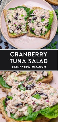 cranberry tuna salad on toasted bread with lettuce and black olives