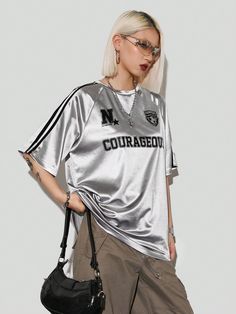 Women's Summer Over Size Graphics Sports Jersey T-Shirt With Metallic Silver For Music Festival And Sportswear Grey Casual  Half Sleeve Knitted Fabric Colorblock,Letter,Striped  Medium Stretch  Women Clothing, size features are:Bust: ,Length: ,Sleeve Length: Women Tshirt Design, Airport Fit, Looks Adidas, Silver Shirt, Sport T Shirt, Sports Shirts, Half Sleeves, Sport Outfits, Summer Women