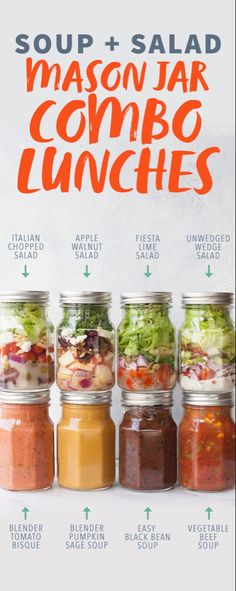 four mason jar lunches with the words soup and salad in each jar, labeled mason jar lunches