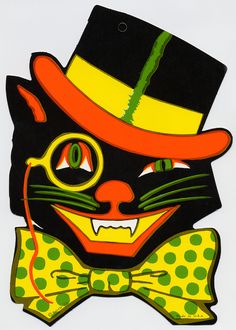 an image of a cat wearing a top hat and bow tie with green dots on it