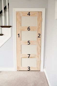 a door with numbers on it in front of stairs