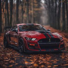 a red sports car parked in the woods