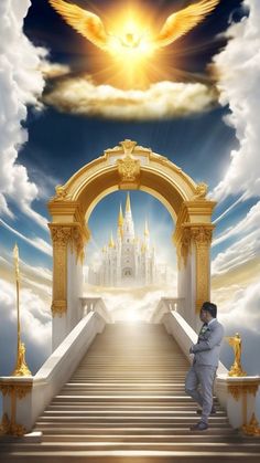 a man standing in front of a stairway leading to an angel's wing above the clouds