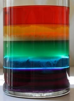 a rainbow colored liquid in a glass container