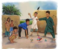 a group of children playing with kites in the dirt