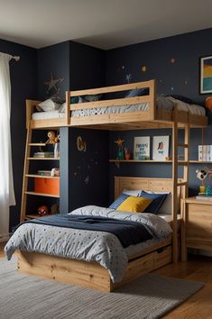 a child's bedroom with blue walls and wooden bunk beds