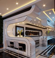 the interior of a modern living room with white furniture and black marble flooring is lit by recessed lights