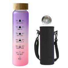 a pink and purple water bottle next to a black bag with a light on it