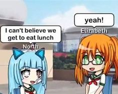 two anime characters are talking to each other in front of a building with the caption i can't believe we get to eat lunch north