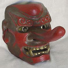 Japanese Kabuki Masks | Old Japanese Mingei Folk Art Kabuki Theater Mask Tengu (item #109075) Japanese Theater, Kabuki Mask, Japanese Masks, Theater Mask, Samurai Mask, Theatre Masks, Red Pigment, Japanese Mask