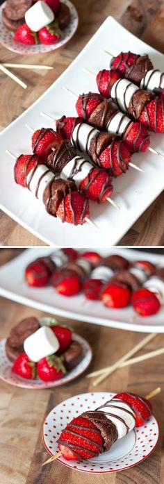 chocolate covered strawberries and marshmallows on skewers