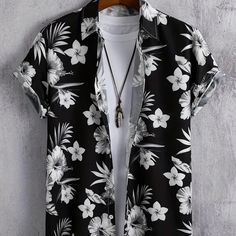 Men's Hawaiian Shirt - New Black And White Tropical Print Button Down Short Sleeve Casual Polyester - Lightweight Breathable Material Ships Within One Business Day Bundle And Save On Shipping Mens Beach Style, Beach Blouse, Floral Print Shirt, Floral Short, Mens Hawaiian Shirts, Floral Shirt, Shirts & Tops, Vintage Stil, Men Short Sleeve