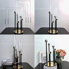 four different views of a table with candles and vases on it, along with instructions for how to set up the candle holder