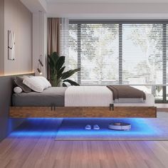 a bedroom with a bed and blue lights on the floor in front of a window