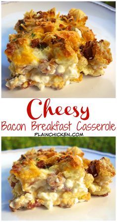 cheesy bacon breakfast casserole on a plate with the title above it