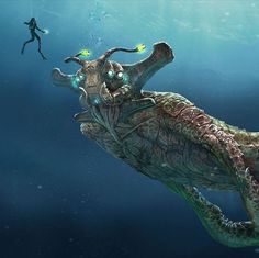 an underwater scene with a man riding on the back of a turtle and another person swimming in the background