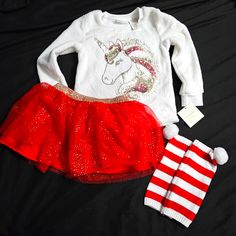 Glittery Unicorn With Tutu Skirt Snd Stockings, Christmas Outfit, Brand New Size Xs In Little Girls, About The Same Size As A 5t. Still Has The Original Tags Attached. Sweater Is Extremely Soft. Stockings Christmas, Tutu Skirt, Christmas Outfit, Matching Sets, Red White, Red And White, Stockings, Brand New, Skirt