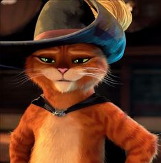 an animated cat wearing a hat and looking at the camera