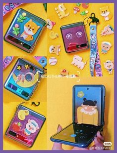 several pictures of various items on a yellow table with purple and blue background, including cell phone