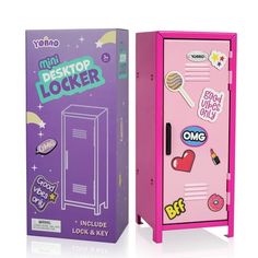 a pink toy locker with stickers on the front and inside, next to a cardboard box