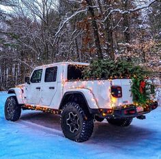 a white jeep with a christmas tree on the back