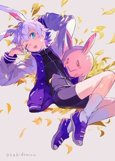 an anime character with purple hair and bunny ears, sitting on the ground next to another character