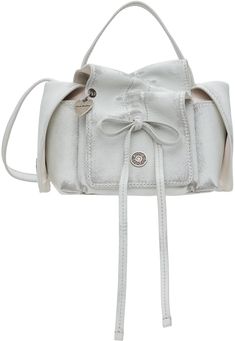 Grained calfskin top handle bag in white. · Smudging and flap pockets throughout · Logo embossed at carry handle · Fixed crossbody strap · Logo charm and bow accent at face · Magnetic press-stud flap · Buffed faux-leather lining · Logo-engraved gunmetal-tone hardware · H6.5 x W7.5 x D5 Supplier color: White/Grey Multipocket Bag, Acne Studios Bag, Acne Shop, Bow Bag, Press Studs, Handle Bag, Womens Tote, Free Bag, White Bag