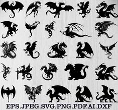 the silhouettes of different dragon designs are shown in black on a white wooden background