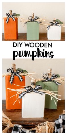 diy wooden pumpkins with ribbon tied around them