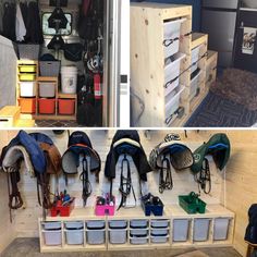 the inside of a storage room with several different items