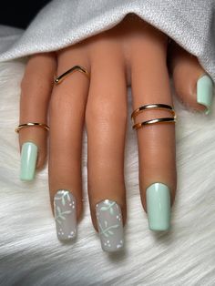 Mint green nails with hand-painted nail art. Need help sizing your nails?  See sizing instructions on my Home Page. Message, text or Email if you have questions. Customizations are available. NewNailz@yahoo.com Beautiful Simple Nails Design, Cute Nails Acrylic Summer Square, March Nails Coffin Shape, Mint Oval Nails, Cute Nails Acrylic Short Coffin, Spring 2023 Acrylic Nails, Sage And Blue Nails, Prom Nails Mint Green, Acrylic Nails For Florida Vacation