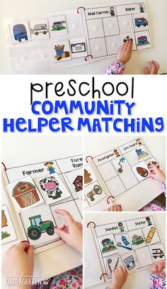 a collage of pictures showing different activities for children to do with the community helper matching game