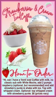 an advertisement for starbucks's iced coffee with strawberries and cream on the side