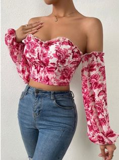 This item is new and ready to ship.  If you have questions please ask  Long sleeve puff sleeve  Off the shoulder  Polyester material  Rose red color Cropped Tops, Bishop Sleeve, Puff Sleeve Blouse, Floral Crop Tops, Party Tops, Womens Clothing Stores, Crop Blouse, Pink Outfit, Off Shoulder Tops