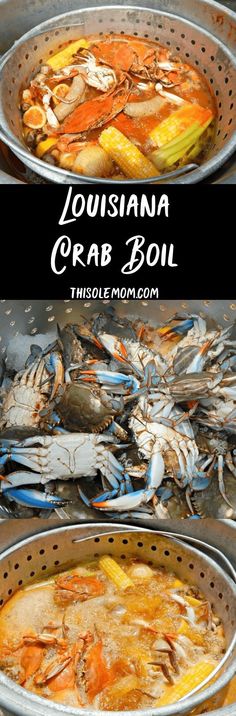 this is an image of cooked crab boil in a pan with text overlay that reads, louisiana crab boil