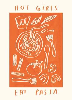 an orange and white poster with some food items in the middle, including spaghetti noodles