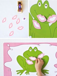 someone is making a paper frog craft with pink and green paint on the front, while another photo has been cut out to make it look like a frog