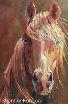 a painting of a brown horse with blonde hair